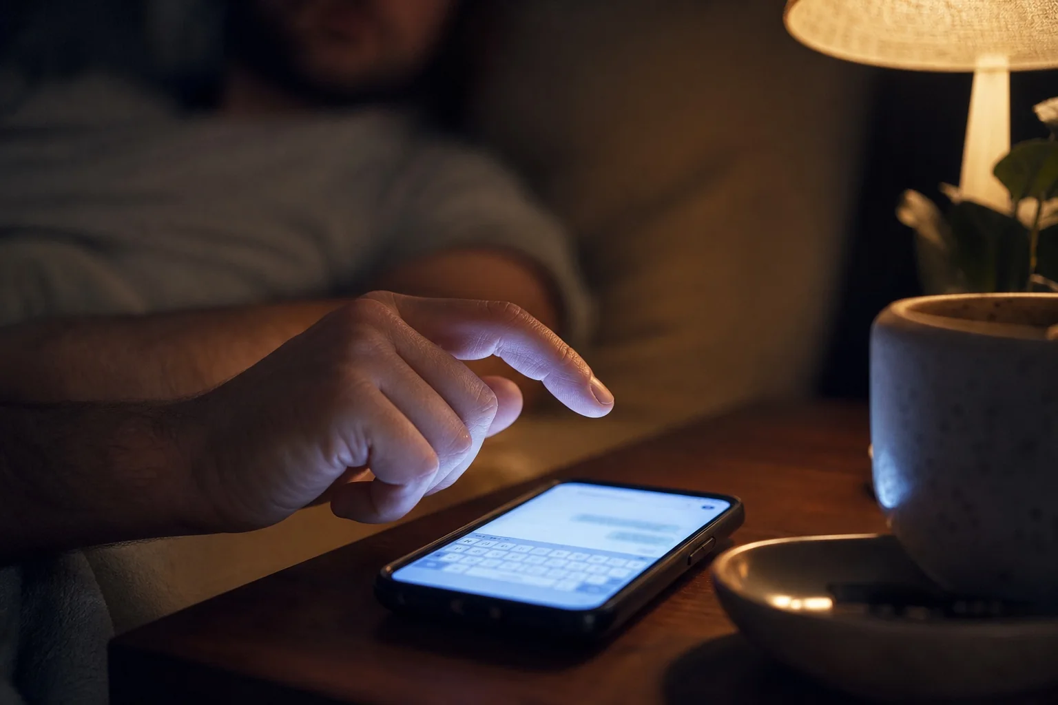 A hand pausing above an unsent message on a phone late at night.