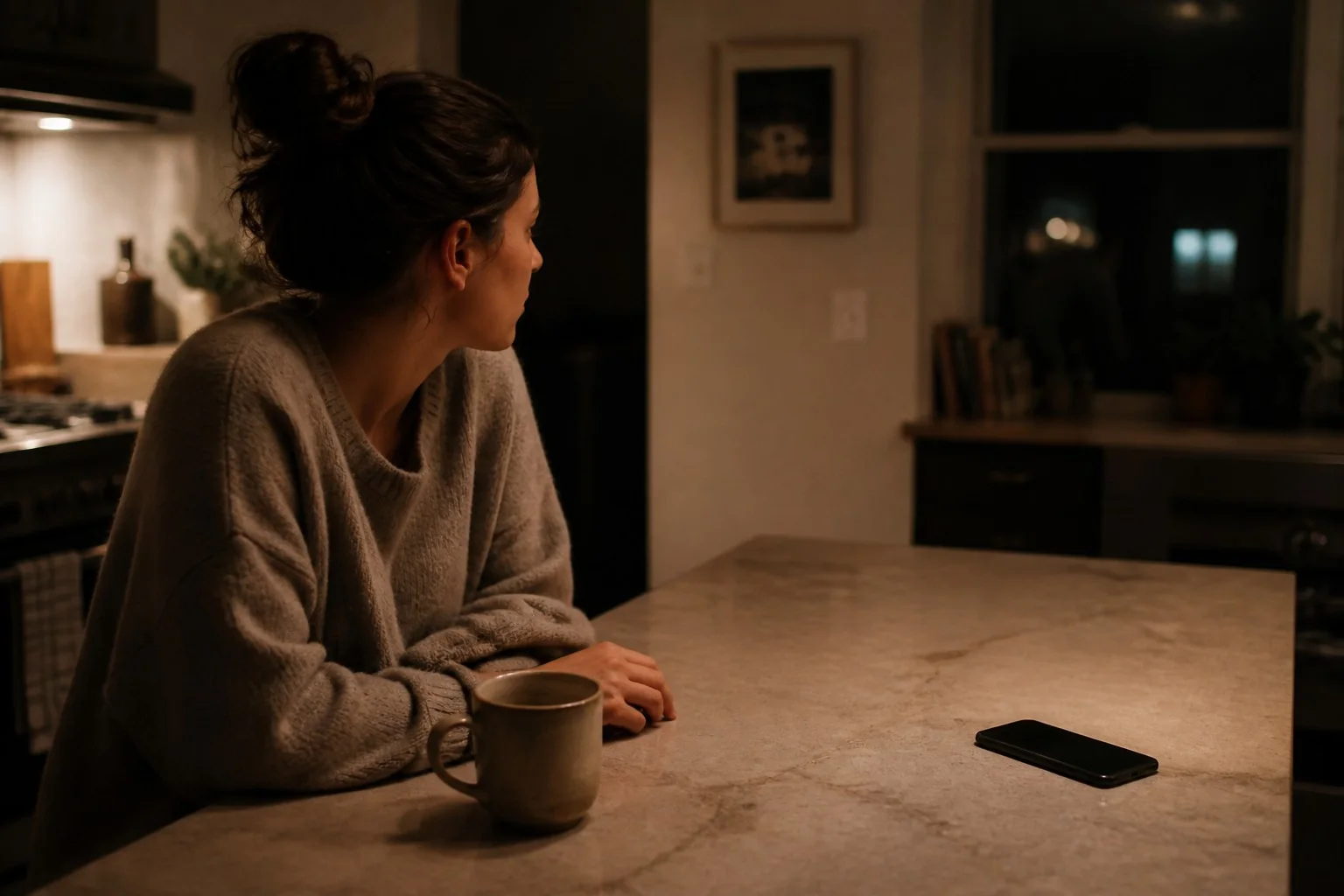 A person pausing at a kitchen counter while their phone rests nearby.