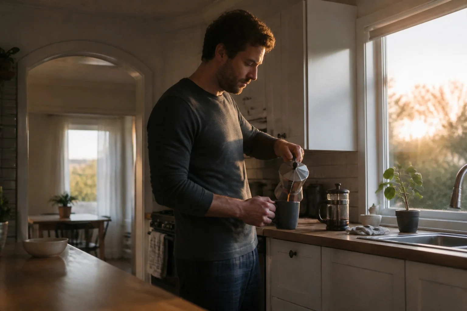 A person making coffee in a quiet kitchen at sunrise.