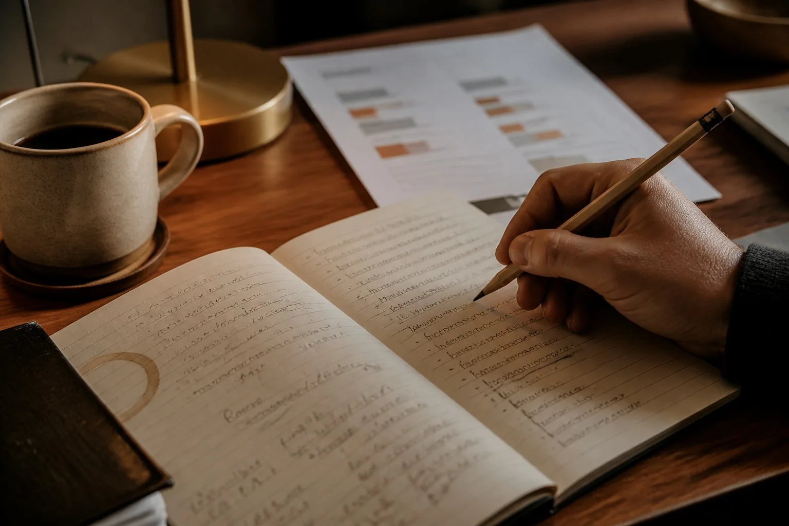 A notebook and printed answer summary on a working desk.