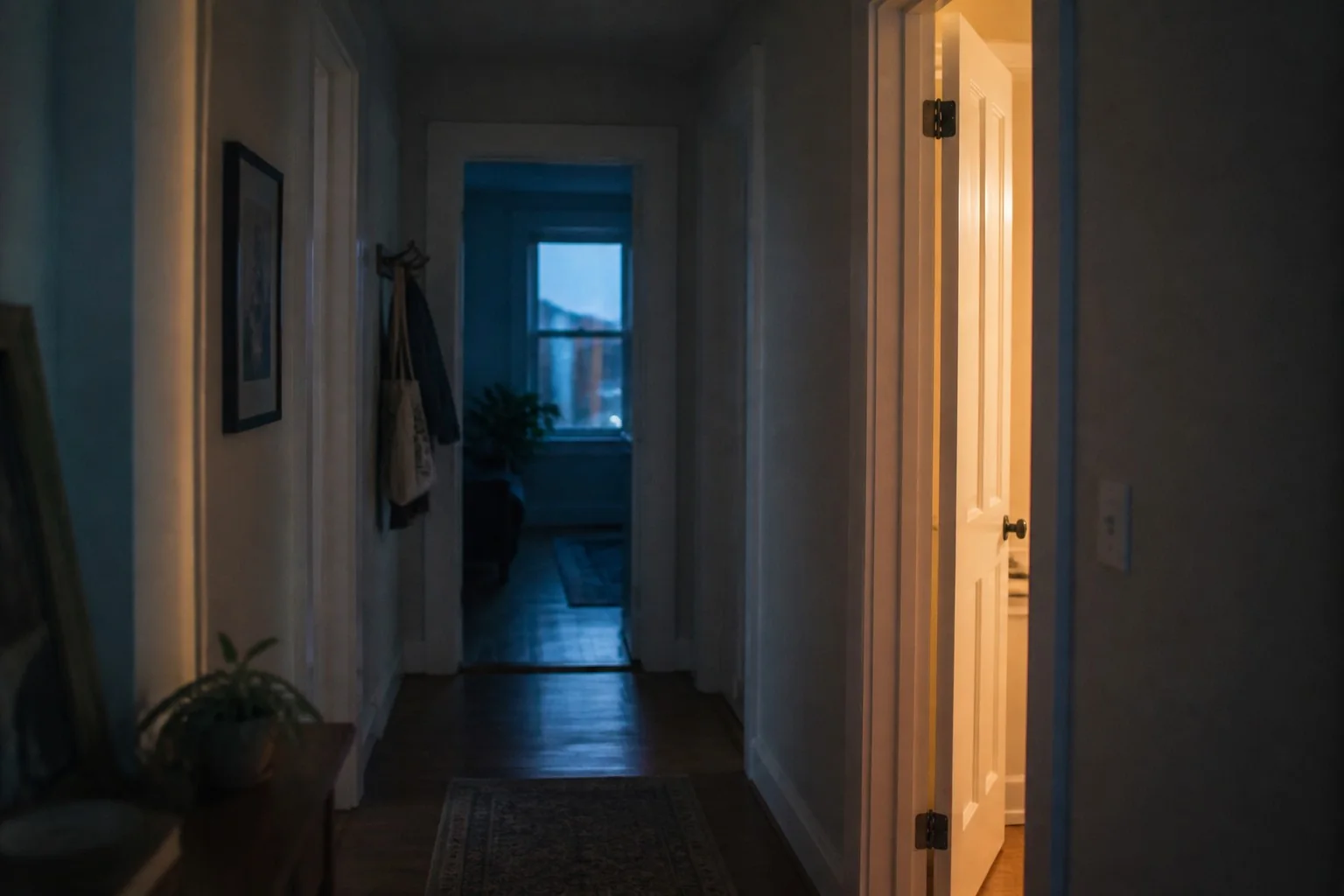 A dim hallway leading to a softly lit open doorway.