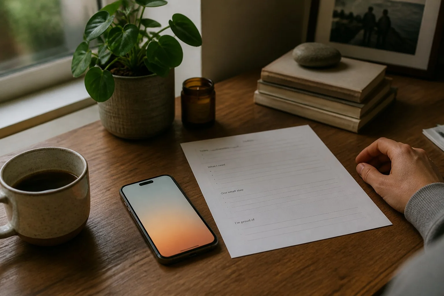A phone beside a simple printed plan on a clean home desk.