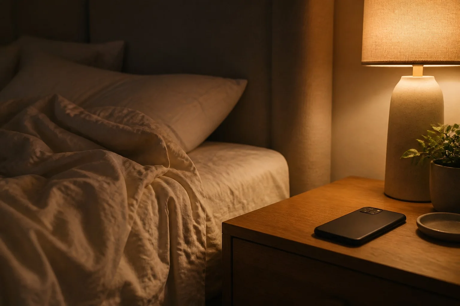 A phone resting face down beside a warm bedside lamp.