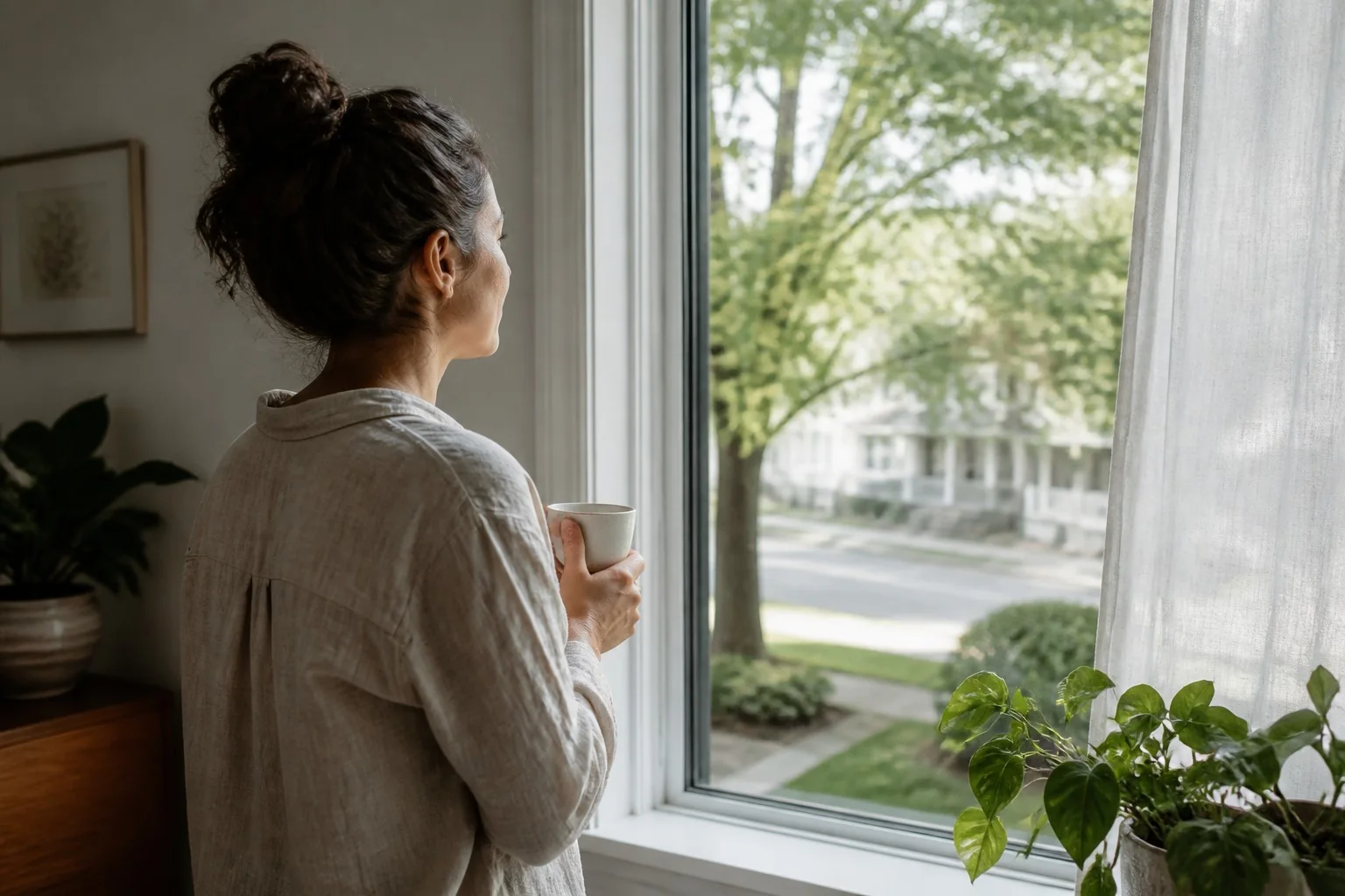 A person looking out a bright morning window with a calm expression.